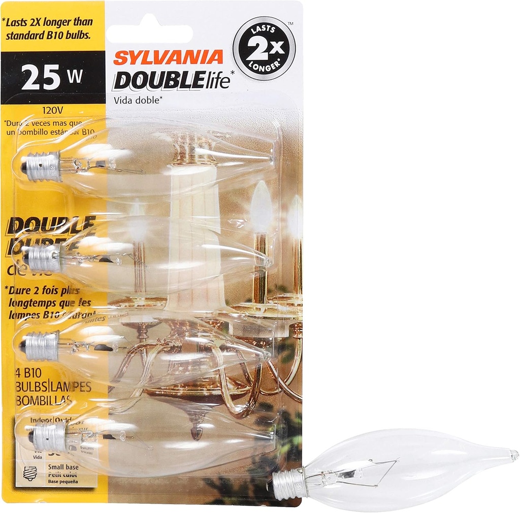 SYLVANIA Double Life Incandescent Light Bulb, B10, 25W, 150 Lumens, 2850K, Candelabra Base, Clear, Soft White - 4 Pack (13306)