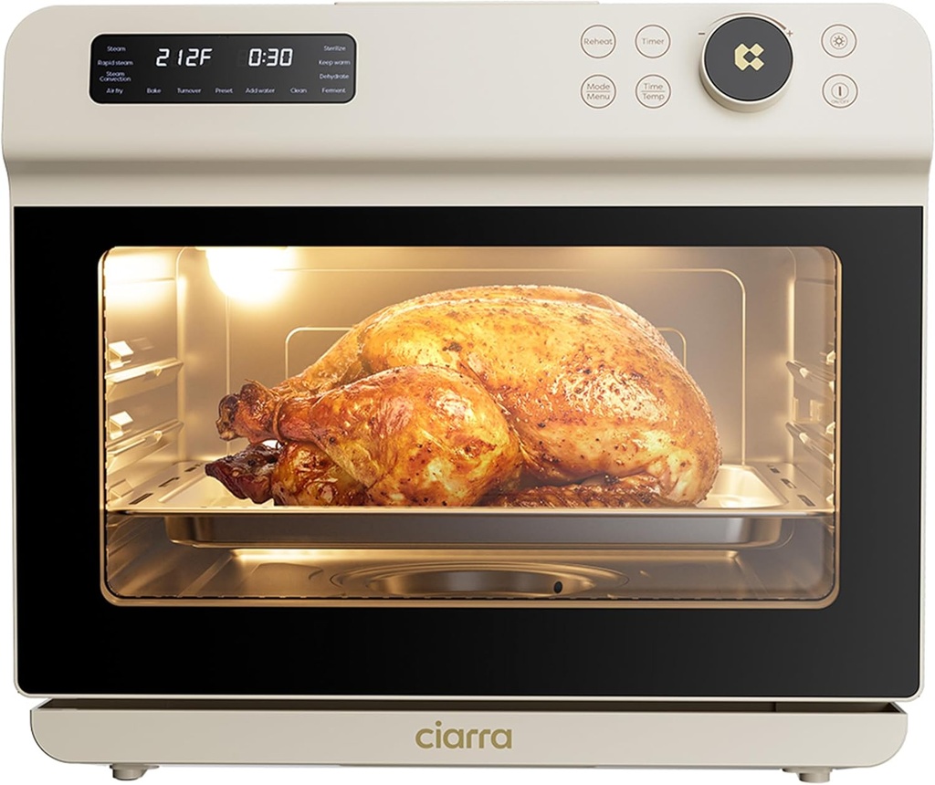 CIARRA 12-in-1 Countertop Steam Oven with Air Fryer, 25.4QT Steam Air Fryer Combo Nosh Oven Pro - Convection Toaster, Bake, Self-Clean, Dehydrate, Ferment, White