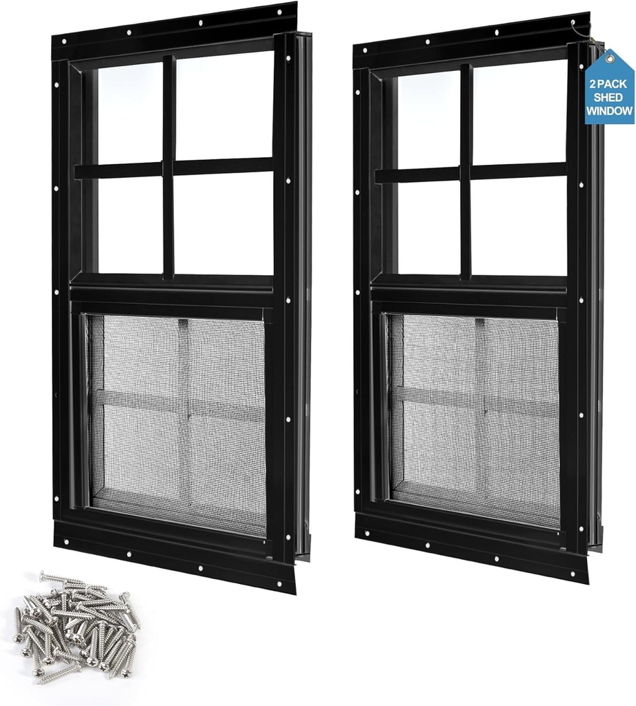 2 Pack Shed Window 14"X21" Black Flush Mount Household Windows with Tempered Glass and Fiberglass Screen for Shed Chicken Coop Playhouse and Garage