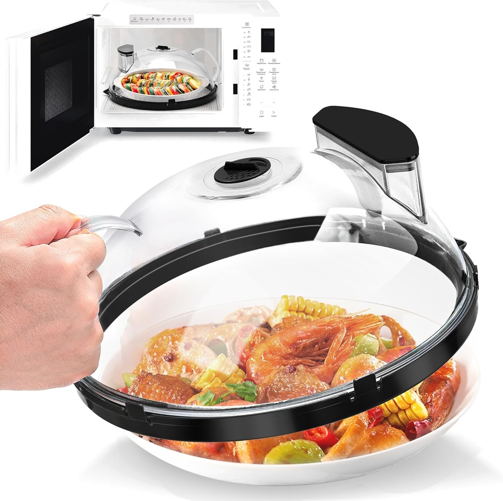 Microwave Splatter Cover with Water Steamer, 10 inch Clear Microwave Plate Cover for Food, Splatter Guard Microwave Lid for Microwave Oven, Kitchen Gadgets Accessories, Black02