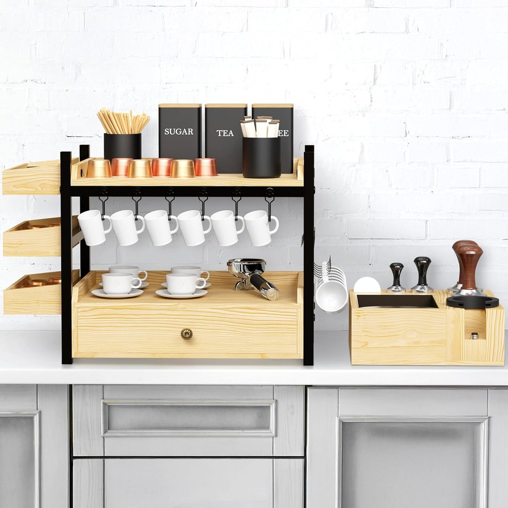KALEI-DO-SCOPE 2 in 1 Coffee Bar Organizer and Espresso Tamping Station - Wooden Tamp coffee Station Organizer with Hanging Shelves, Removable Bin, Empty Pucks - Espresso Machine Accessories Kit