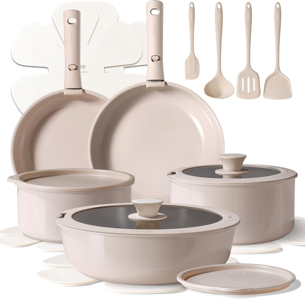 CAROTE Ceramic Cookware Sets, Pots and Pans Set Non Stick Non Toxic, Induction Cookware, Kitchen Cookware Sets, Pots Set for Healthy Coooking 19Pcs, Taupe