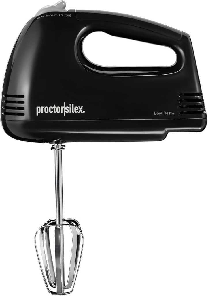 Proctor Silex Easy Mix 5-Speed Electric Hand Mixer with Bowl Rest, Compact and Lightweight, 100 Watts of Peak Power, Black (62507PS)