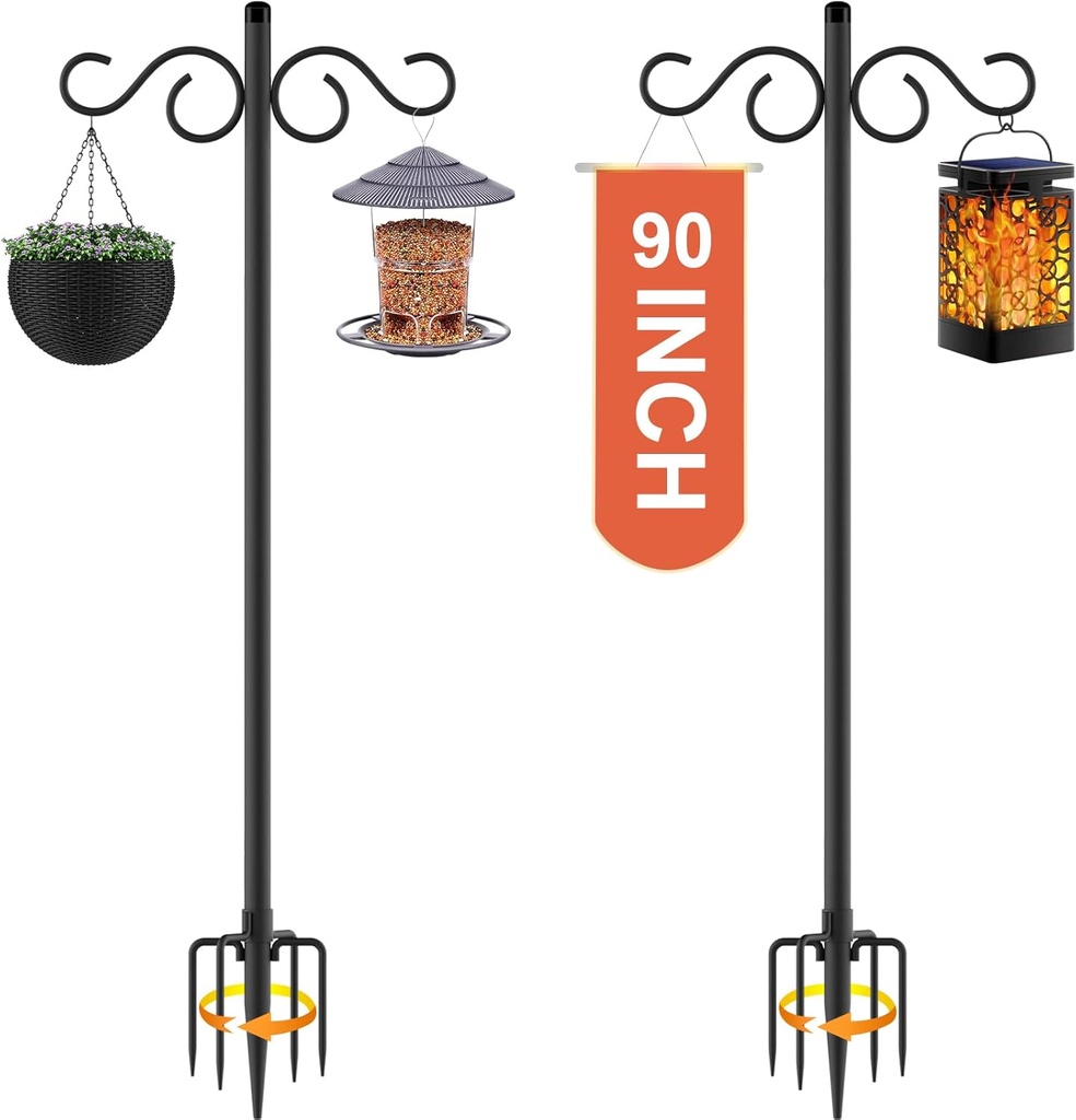 Double Shepherds Hooks for Outdoor,2 Pack 90 Inch Bird Feeder Pole with 5 Prongs Base,Heavy Duty Shepherds Hook,Suitable for Garden in Hanging Flower Basket,Lantern,Bird Nests (90 Inch)