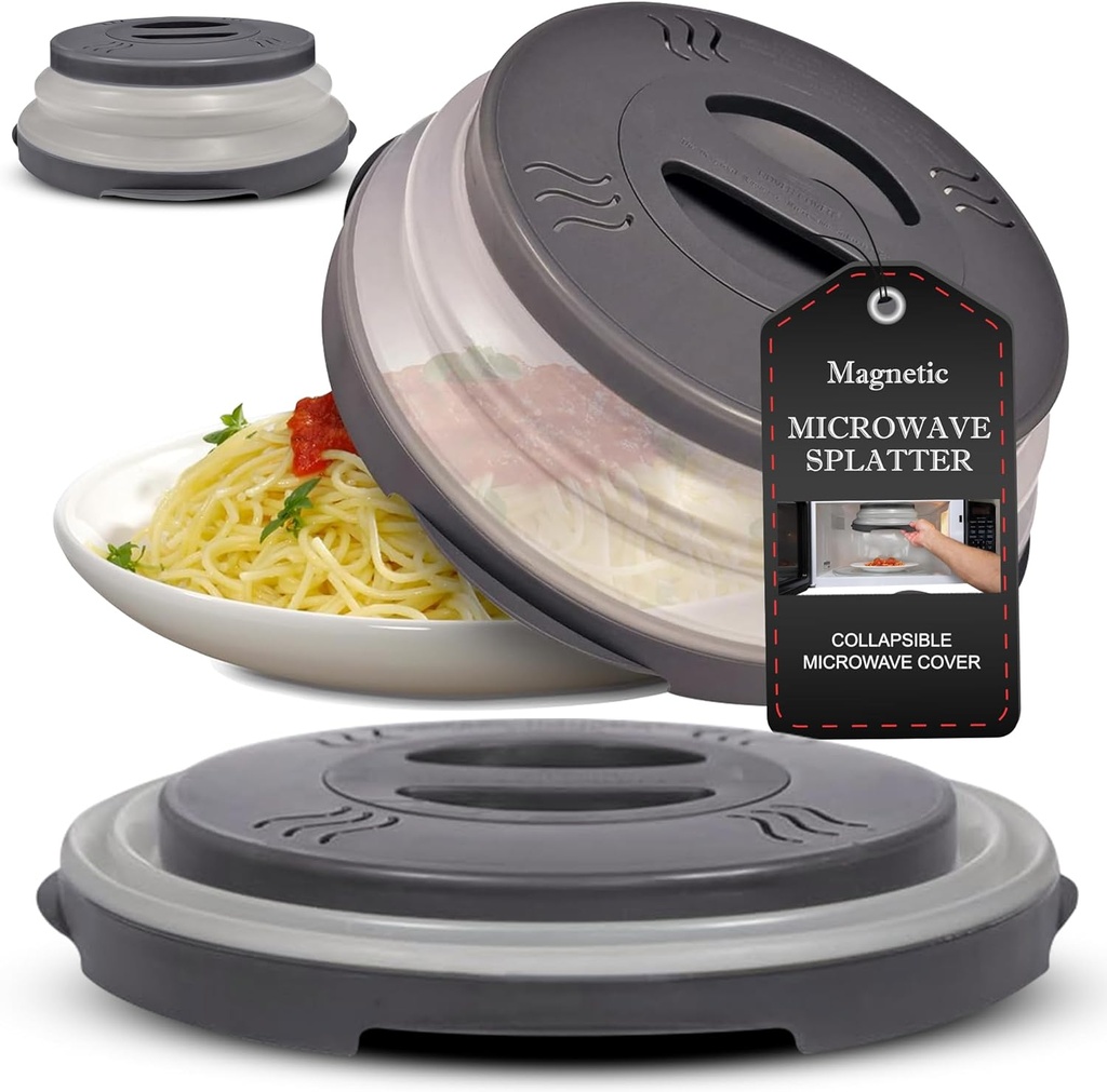 HOVER COVER High Power Magnetic Microwave Splatter Cover with Strongest Magnetic Grip, Collapsible 12-Inch BPA-Free Food Lid, Vented Plate Guard, Dishwasher Safe Space-Saving Storage - Gray