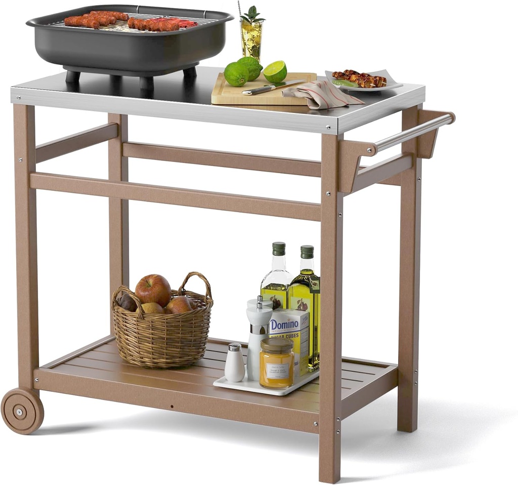 TORVA Outdoor Prep Grill Carts, 303 Stainless Steel Tabletop with High Load Capacity Portable BBQ Table, HDPE Durable Frame 2-Tier Storage Cart, Wood