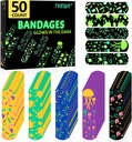 50 Count Kids Bandaids, Glow in The Dark & Waterproof Bandages, One Size Cute Bandaids for Kids and Adults, 5 Styles Adhesive Bandages for Minor Cuts, Scrapes, Wounds and First Aid