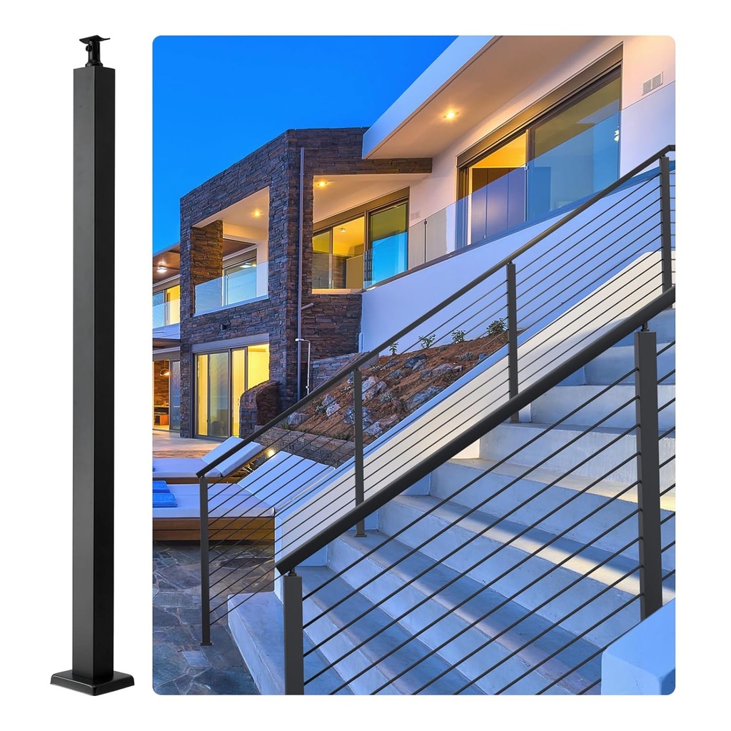 VEVOR Cable Rail Post, 42 x 1.97 x 1.97, Level Deck Stair Post, Cable Handrail Post Stainless Steel Brushed Finishing Deck Railing DIY Picket Without Hole Stair Railing Kit with Mount Bracket Black