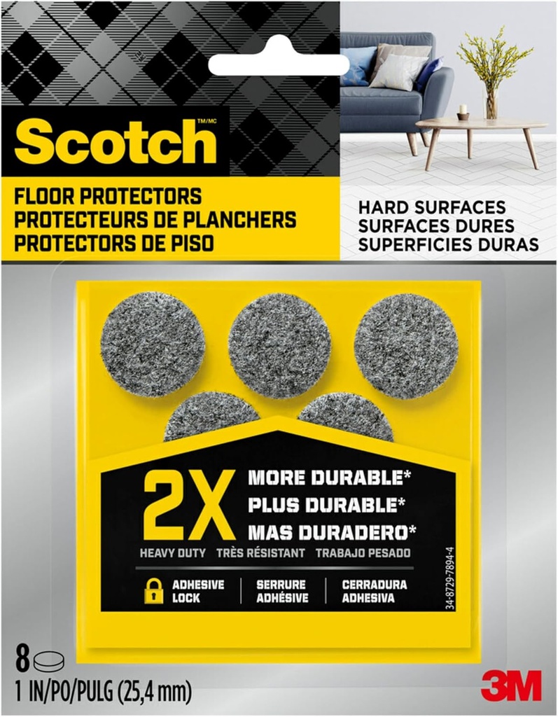 Scotch Heavy Duty Felt Pads, 6-Pack of 8 1 inch Furniture Pads for Hardwood Floors, Tile, and Grout