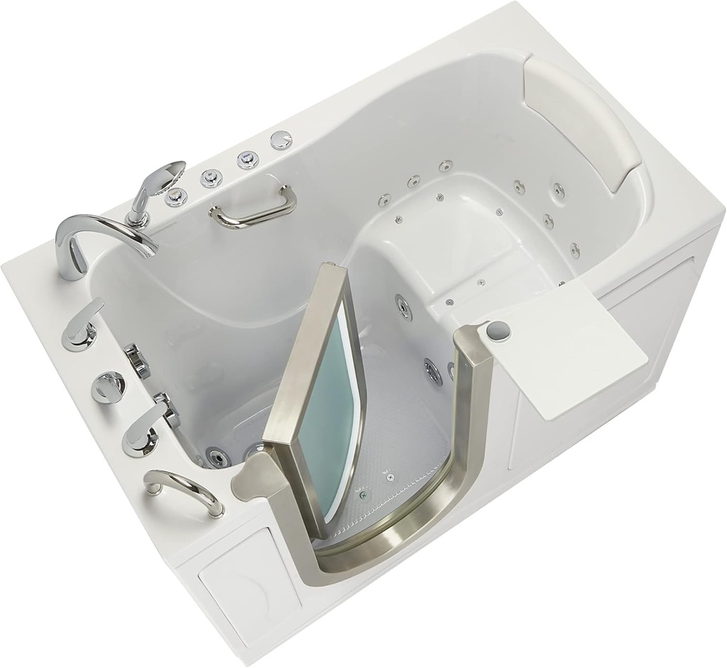 Ella Elite 30"x52" Acrylic Air and Hydro Massage Walk-In Bathtub with Left Inward Swing Door, 5 Piece Fast Fill Faucet, 2" Dual Drain