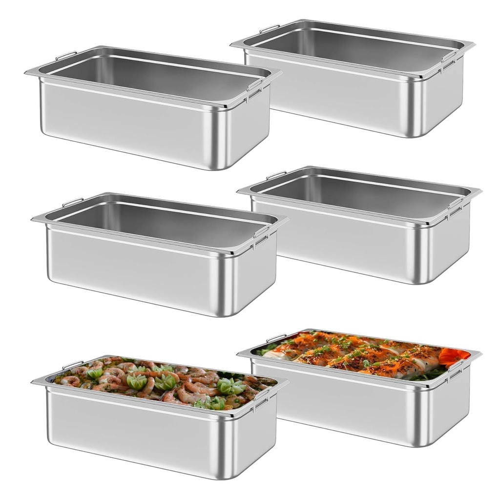 6 Pack Hotel Pans,6" Deep Full Size Steam Table Pans,Full Size Food Pan,Half Size Hotel Pans[NSF Certified],Catering Food Pan Commercial Stainless Steel,Handle + No Lid