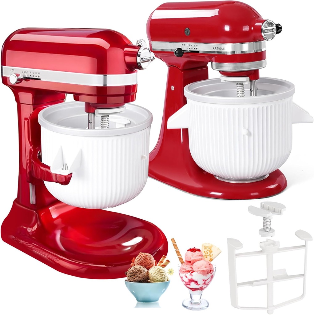 Ice Cream Attachment Compatible with KitchenAid 4.5/5/6/7QT Mixers,Makes 2 Quarts of Ice Cream,Compatible with KitchenAid Ice Cream Maker Attachment,Dishwasher safe(Not Fit 3.5QT Mixers)