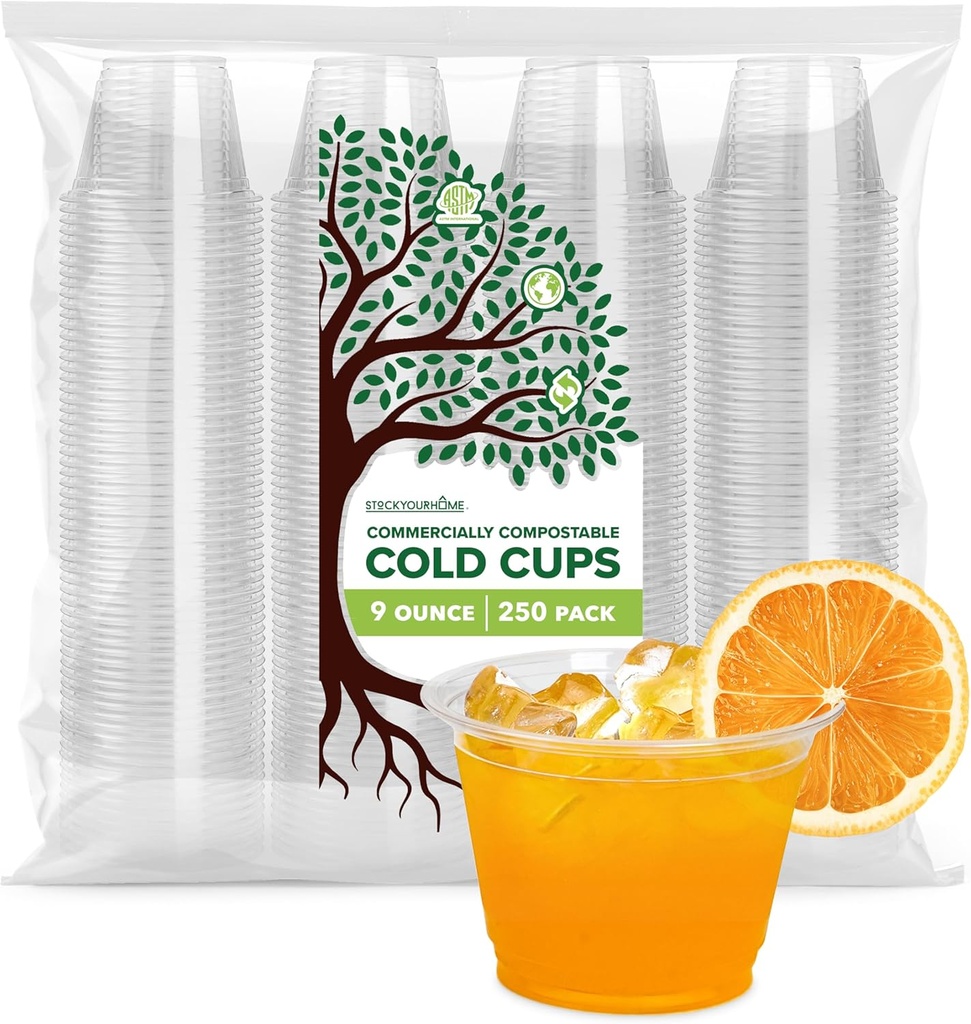 Stock Your Home 9 oz Clear Commercially Compostable Cold Cups (250 Pack), Eco Party Cup, Environmentally Friendly Recyclable Disposable Sustainable for Water, Wine, Beer Sample