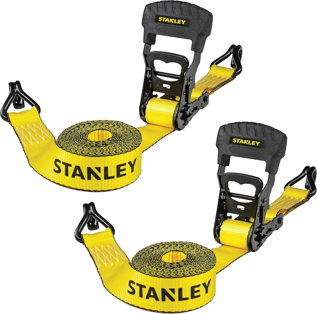 STANLEY S1007 Black/Yellow 1.5" x 16' Ratchet Tie Down Straps - 1,100 lb Safe Working Load / 3,300 lb Break Strength, 2 Pack