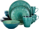 Unknown1 Deep Ocean Mandala 16 Pc Round Stoneware Dinnerware Set in Green Blue Textured Casual Piece Microwave Safe, Medium