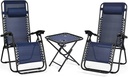 3 Pcs Zero Gravity Chair Set, Adjustable & Folding Reclining Chaise Lounge Chair w/Removable Headrest, Portable Recliner Lounge Table Chairs Set with Side Table (Navy)