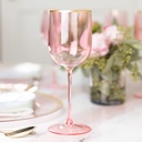 [12 Oz - 5 pk Pink] Plastic Pink W Gold Rim Stemmed Goblets Wine Glasses BPA Free 12 Oz Disposable Elegant Drink Cups for Parties Wedding Receptions Fancy Reusable Tumblers for EZ CleanUp 5 Pack