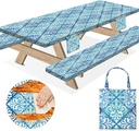 6Ft Picnic Table Cover with Bench Covers 72×30 Inches Fitted Outdoors Stain Resistant Camp Tableclothes Glamping Furniture Essentials for Tent Rv Camper Camping Organizers Gifts Blue Boho